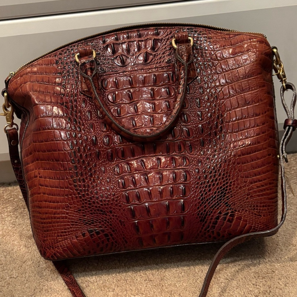 BrahminTextured Croc-Embossed Leather Satchel - Brown